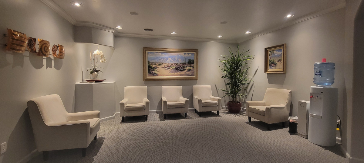 Reception and waiting area at Jorgensen Advanced Dental Center in Palm Springs